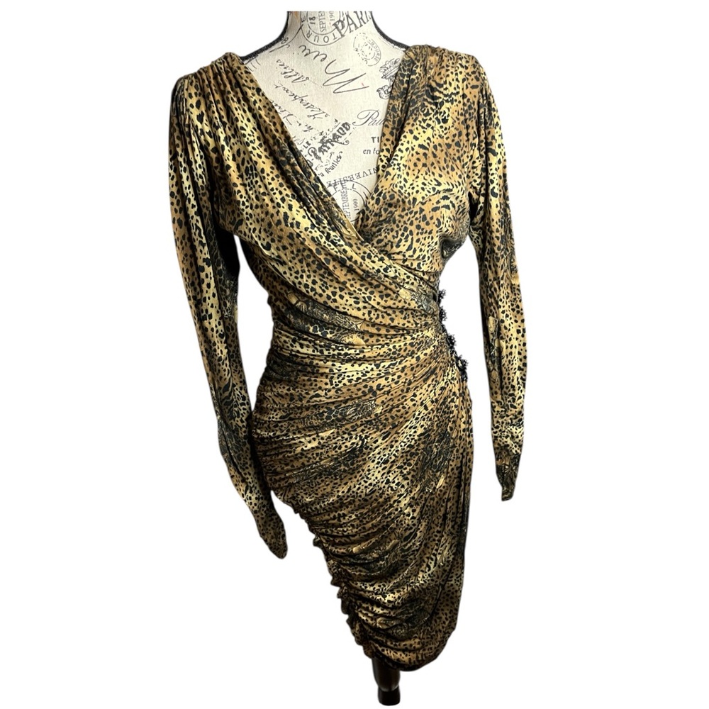 VTG 80s Tadashi Brown and Black Animal Print Drape  Dress - Picture 8 of 8